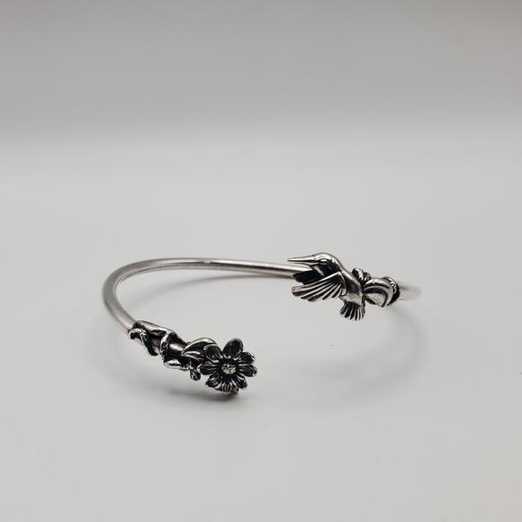 Vintage KABANA 925 Sterling Silver Hummingbird & Flower Flex Wrap Cuff Bracelet
